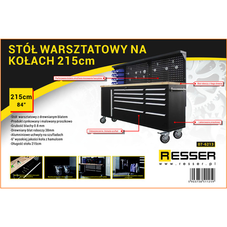 Stół warsztatowy na kołach 215cm 84", Resser